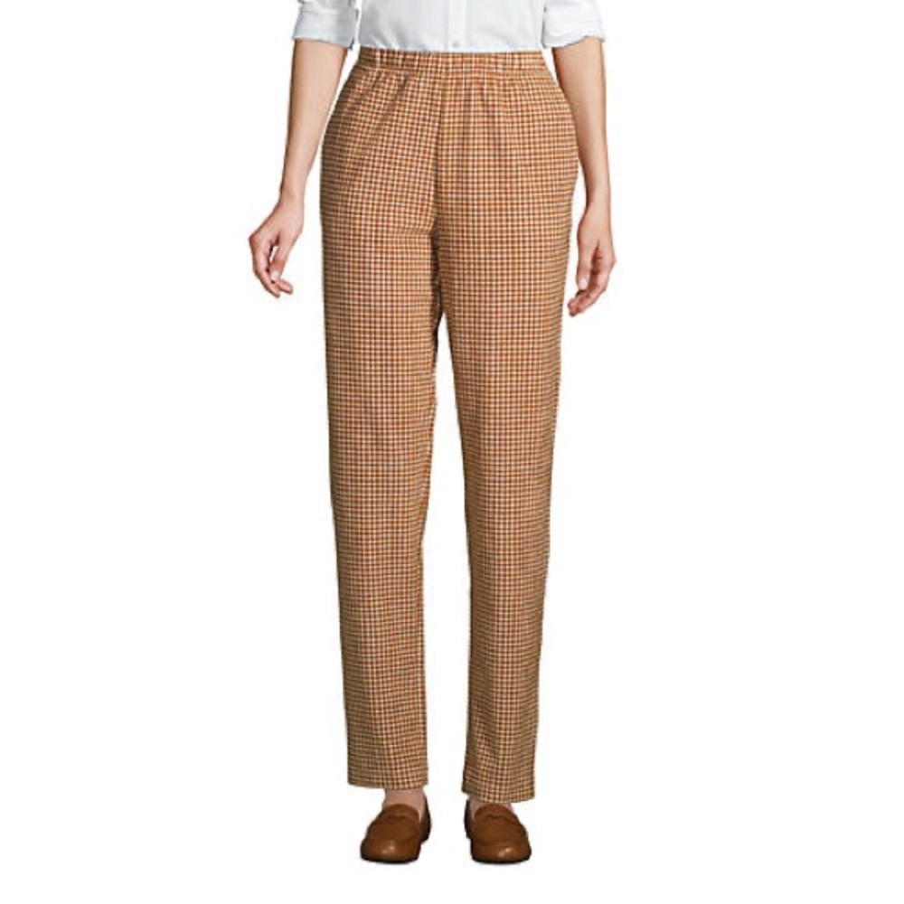 Women's Corduroy Elastic Waist Pants High Rise Beige and Brown Houndstooth